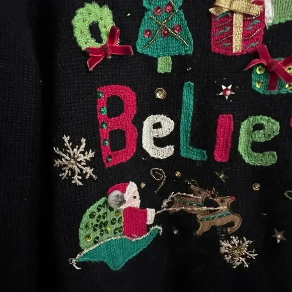 Black Long Sleeve Christmas Santa Believe Sweater Size XL - Picture 2 of 10